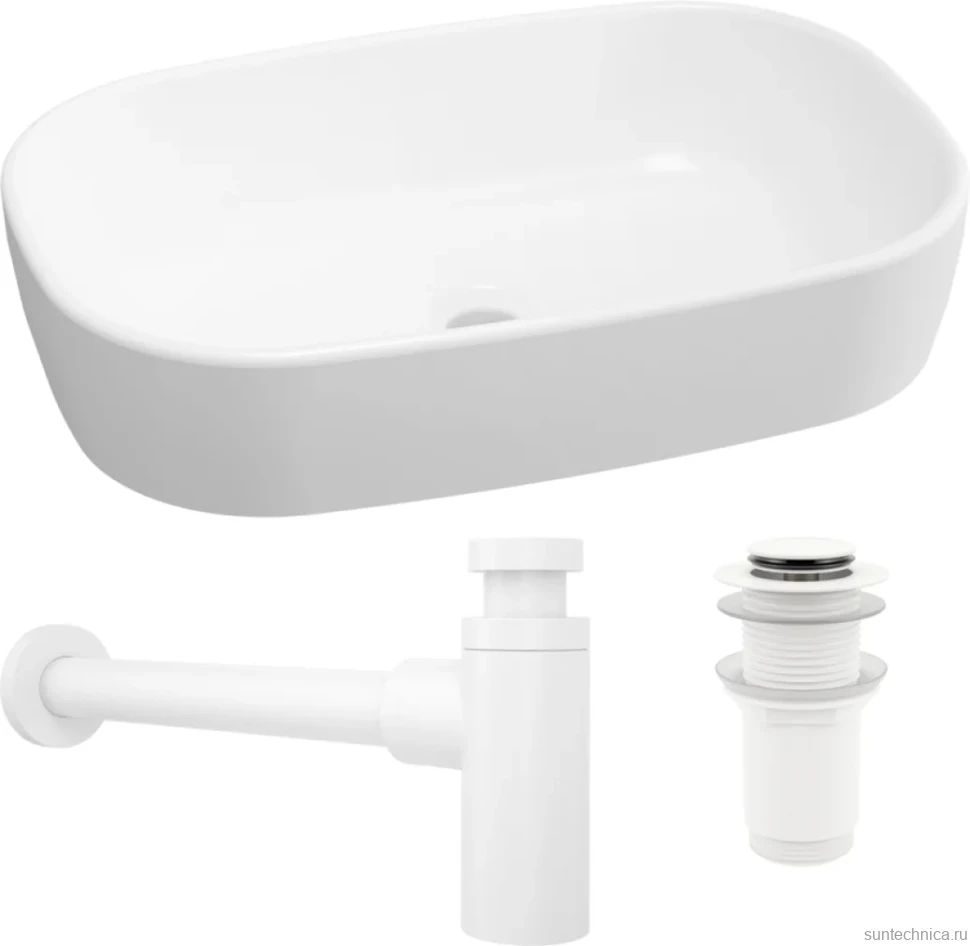 Комплект Накладная раковина Lavinia Boho Bathroom Sink 33311002 + Донный клапан Wellsee Drainage System 182138000 матовый белый + Сифон 182108000 белый