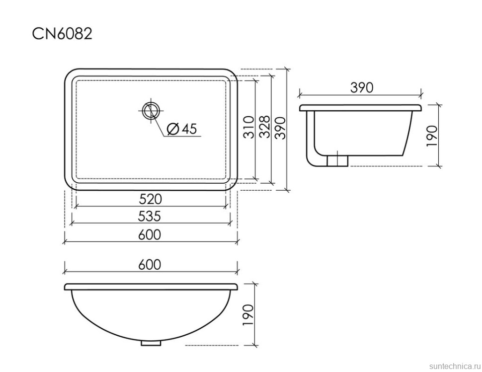Раковина встраиваемая снизу Ceramicanova Era прямоугольная 600x390x190 мм с переливом цвет белый CN6082
