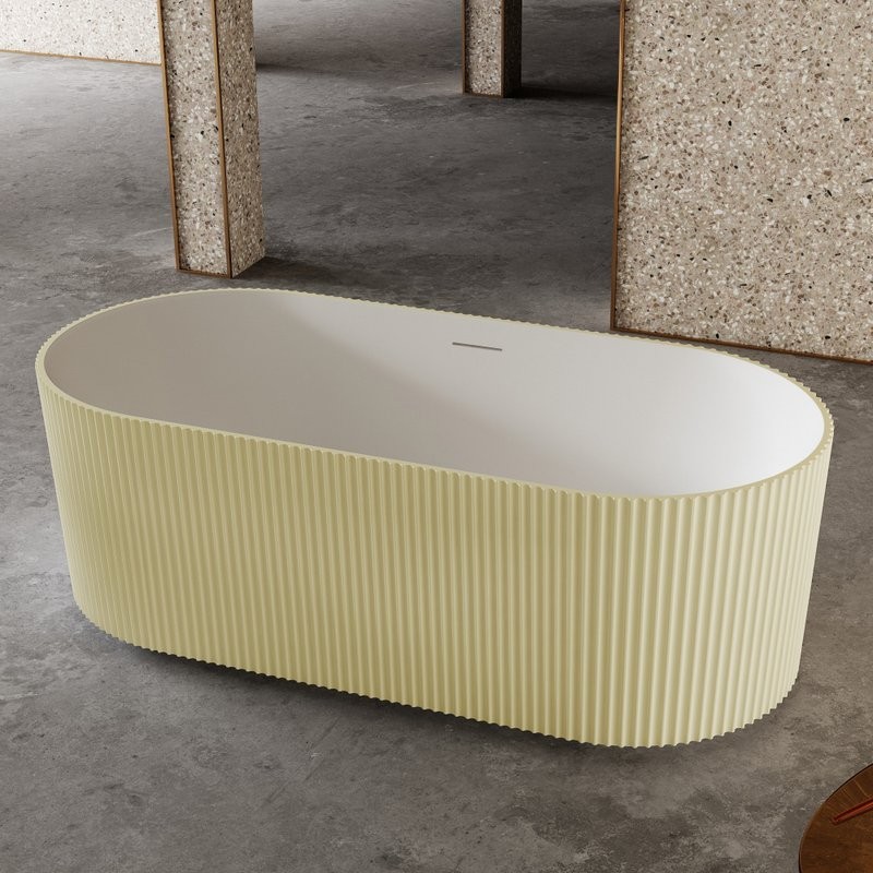 Ванна из искусственного камня Abber Stein AS9601MS 170x75 см, отдельностоящая, матовая песочная, овальная, на ножках, с донным клапаном, фурнитура белая