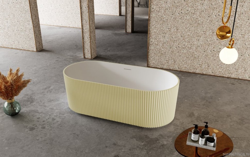 Ванна из искусственного камня Abber Stein AS9601MS 170x75 см, отдельностоящая, матовая песочная, овальная, на ножках, с донным клапаном, фурнитура белая