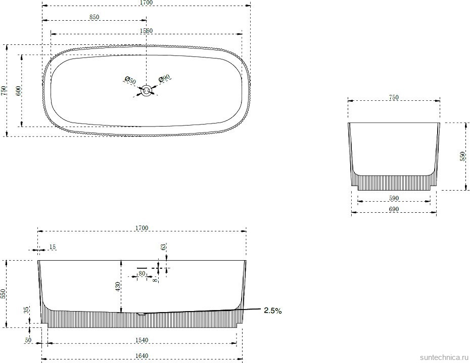 Ванна из искусственного камня Abber Stein AS9601MS 170x75 см, отдельностоящая, матовая песочная, овальная, на ножках, с донным клапаном, фурнитура белая