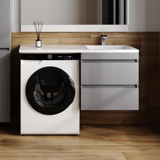 Тумба с раковиной Style Line Даллас Леон 120 R Люкс Plus подвесная, серая матовая, для стиральной машины