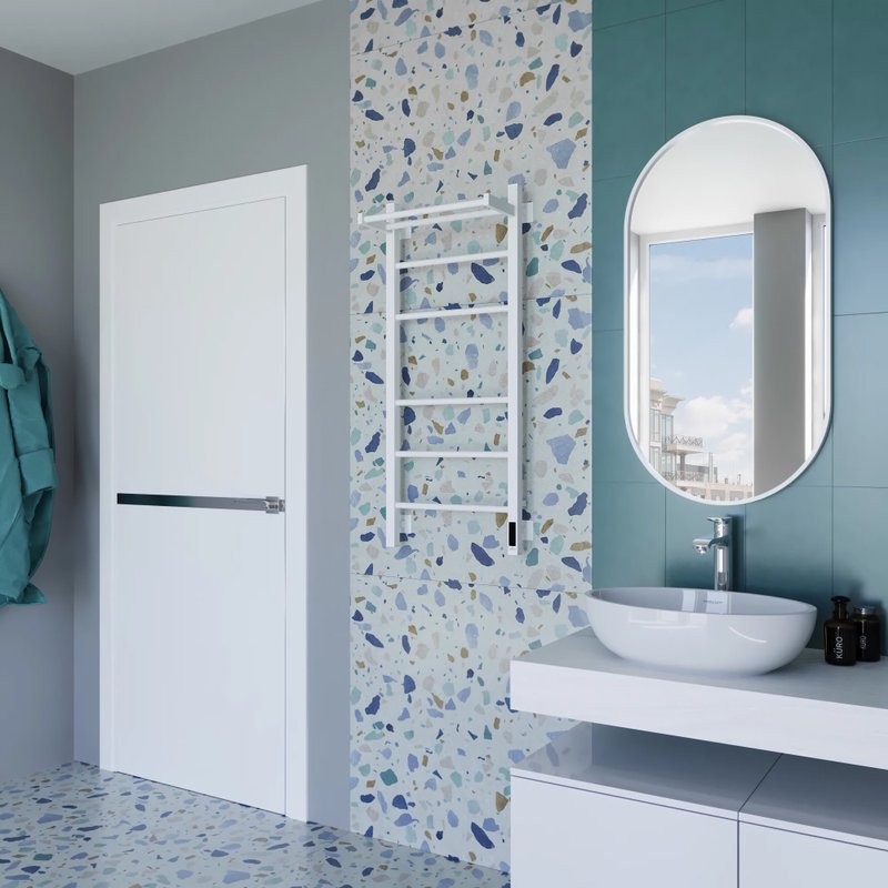 Полотенцесушитель электрический Grota Alto 430х1000 RAL9016 EL 100x45 см, подключение справа, слева, скрытое подключение справа, матовый белый, лесенка, из стали, с полкой