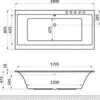 Акриловая ванна Excellent Pryzmat Slim Line 180x80 см, встраиваемая, с гидромассажем, белая, с каркасом, со сливом-переливом, фурнитура золото