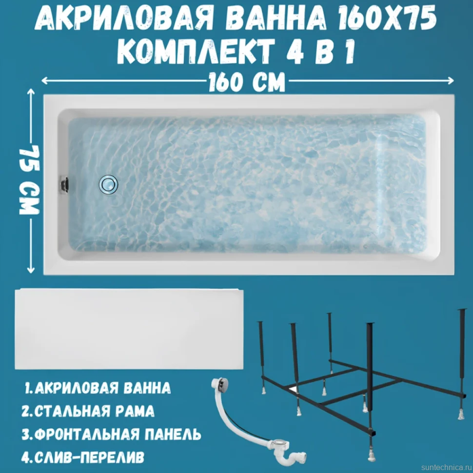 Акриловая ванна 1MarKa Bianca Премиум 160x75 см, пристенная, белая, с каркасом, с экраном, со сливом-переливом