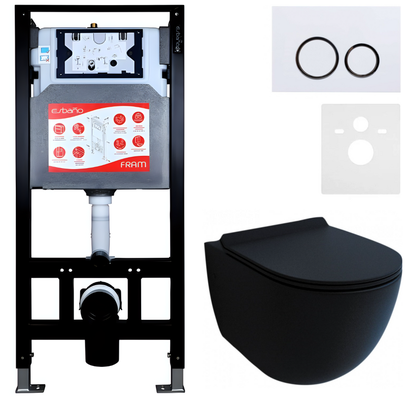 Комплект Унитаз подвесной Esbano Garcia ESUPGARCBM матовый черный + Инсталляция Fram + Кнопка ESINKRG11GW