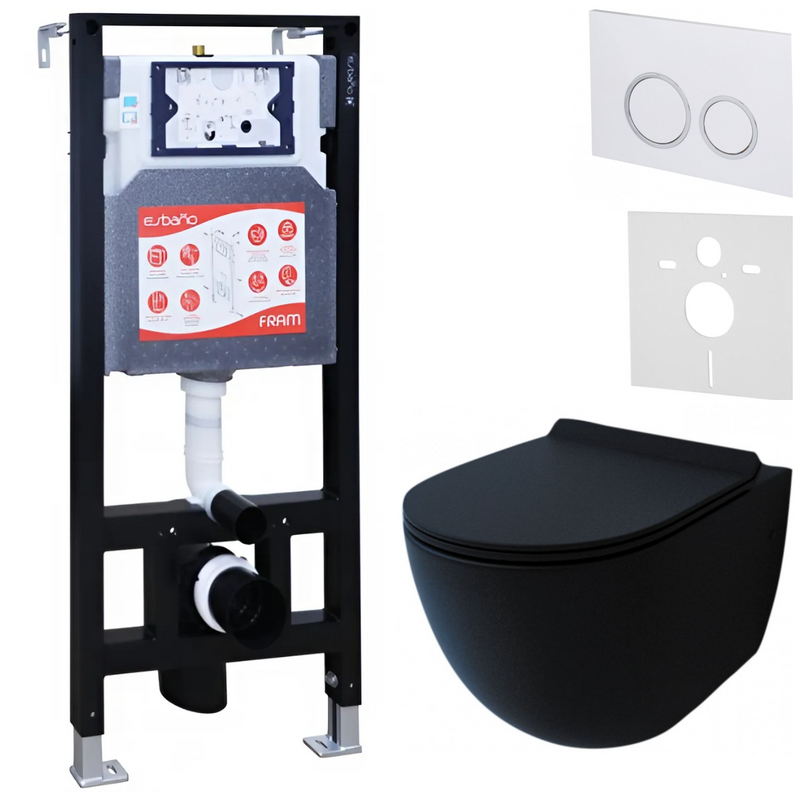 Комплект Унитаз подвесной Esbano Garcia ESUPGARCBM матовый черный + Инсталляция Fram + Кнопка ESINKRG11GW