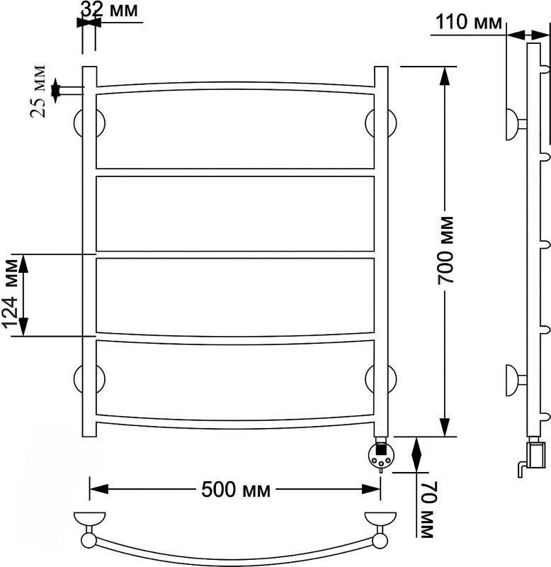 Полотенцесушитель электрический Secado Милан 1 плюс 75x55 см, подключение справа, бронза, лесенка, латунь