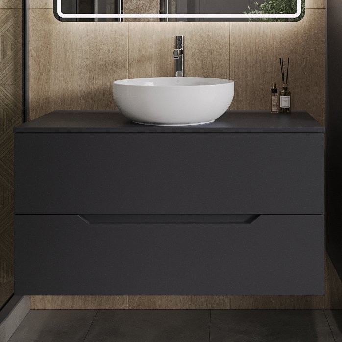 Тумба с раковиной Orange Line 100 подвесная, 2 ящика, матовый графит с раковиной B07-420W