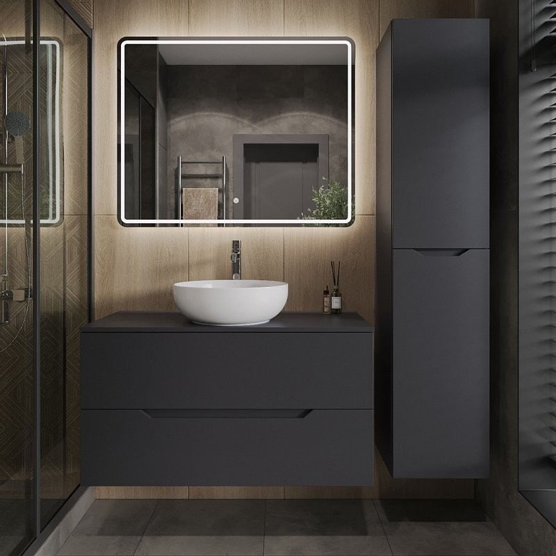 Тумба с раковиной Orange Line 100 подвесная, 2 ящика, матовый графит с раковиной B07-420W