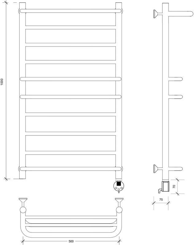 Полотенцесушитель электрический Secado Верона 2 100x50 см, подключение справа, матовый черный, лесенка, с полкой