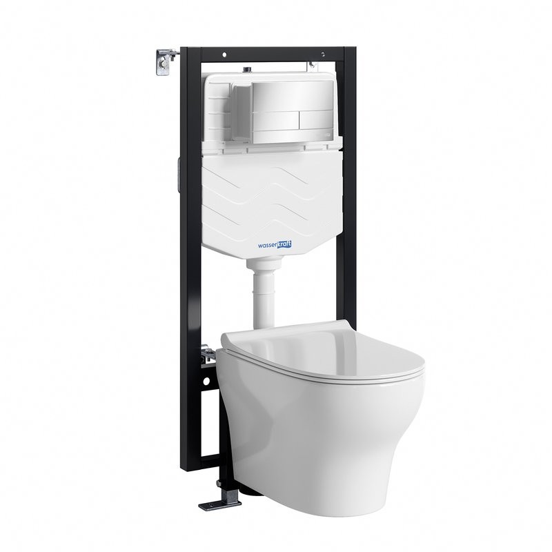 Комплект Унитаз подвесной WasserKRAFT Berkel H001 безободковый + Крышка для унитаза E034 + Система инсталляции для унитазов Vils 56TLT.010.ME + Кнопка смыва CH04