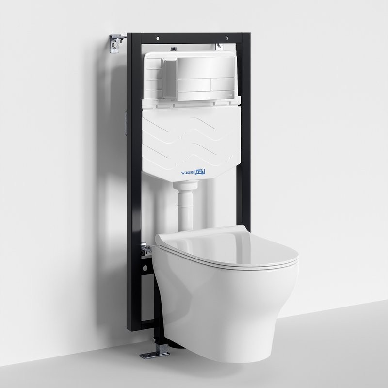 Комплект Унитаз подвесной WasserKRAFT Berkel H001 безободковый + Крышка для унитаза E034 + Система инсталляции для унитазов Vils 56TLT.010.ME + Кнопка смыва CH04