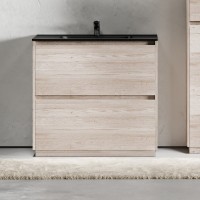 Тумба с раковиной Sancos Libra Floor 90 дуб галифакс натуральный, черная раковина CN7002MB