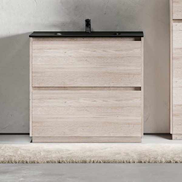 Тумба с раковиной Sancos Libra Floor 90 дуб галифакс натуральный, черная раковина CN7002MB