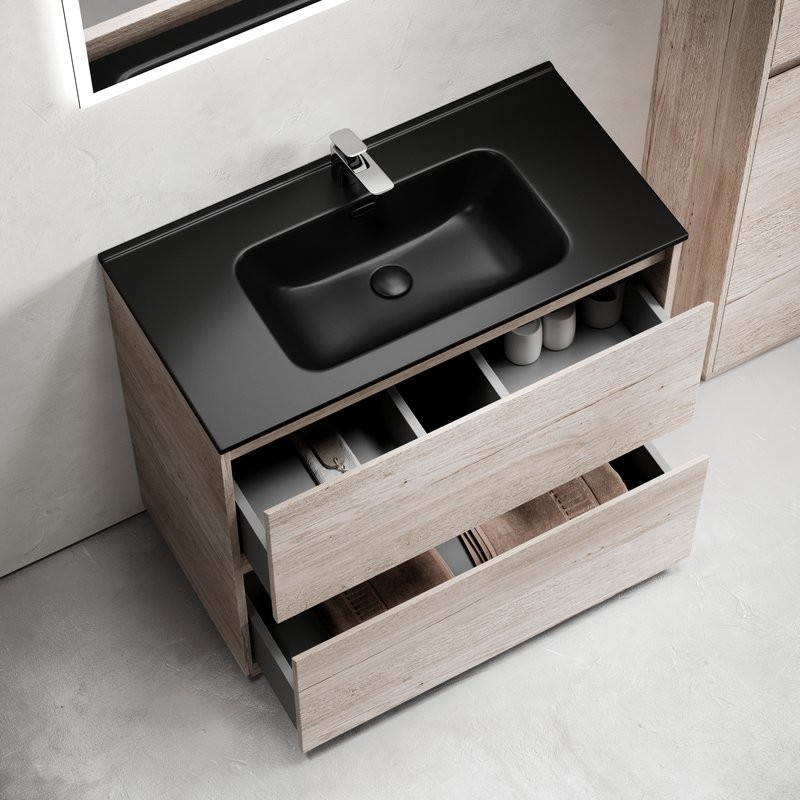 Тумба с раковиной Sancos Libra Floor 90 дуб галифакс натуральный, черная раковина CN7002MB
