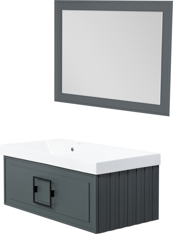 Тумба с раковиной La Fenice Cubo 90 L серая, ручка черная