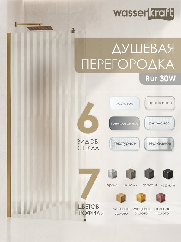 Душевая перегородка Wasserkraft Rur 30W 90 см, профиль матовый черный, стекло текстурное