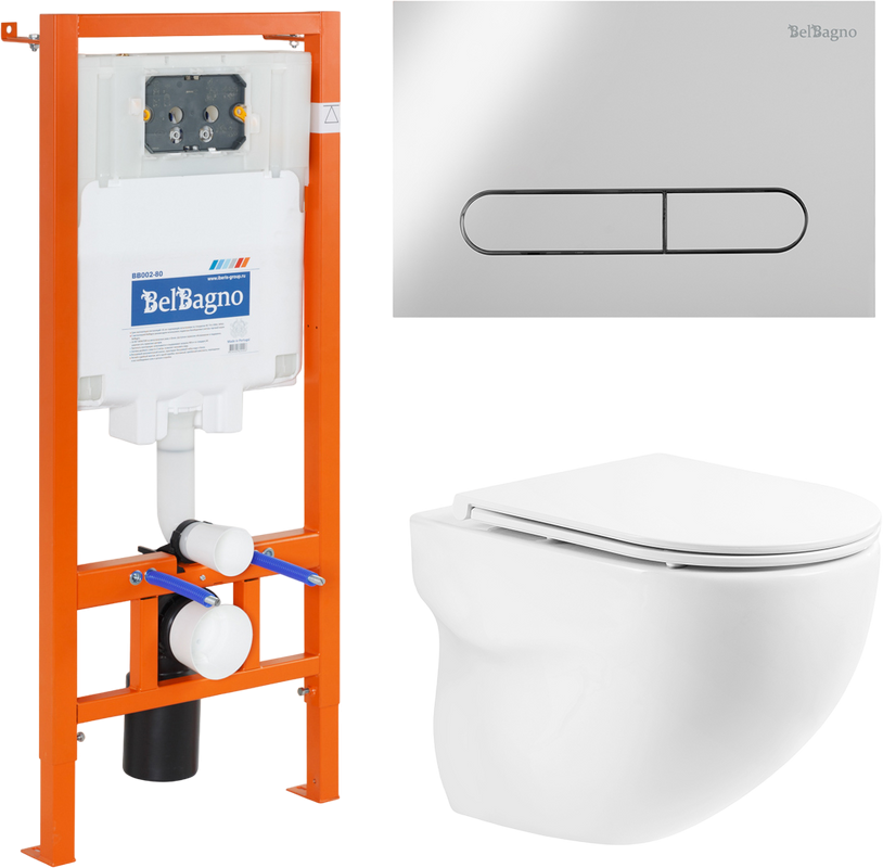 Комплект Унитаз подвесной BelBagno Onda BB066CHR безободковый, крышка BB870SC, инсталляция BB002-80 с кнопкой BB005-PR-CHROME