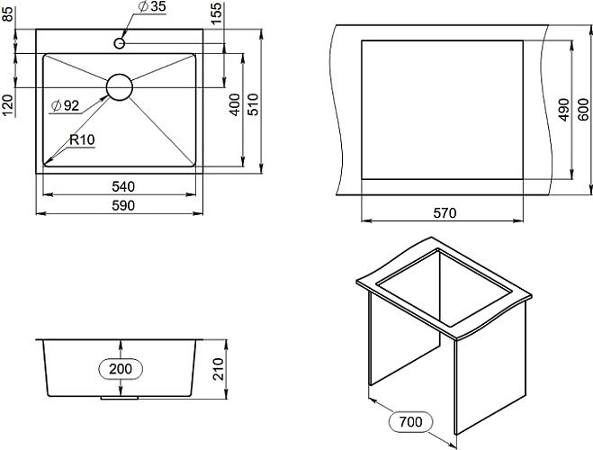 Мойка кухонная Granula 5951, графит матовый