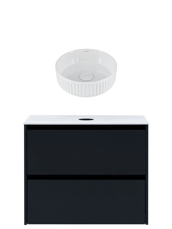 Тумба с раковиной Allen Brau Activity 80 с подсветкой, матовый антрацит, черный браш, столешница белая, раковина Fantasy Line 36, белая