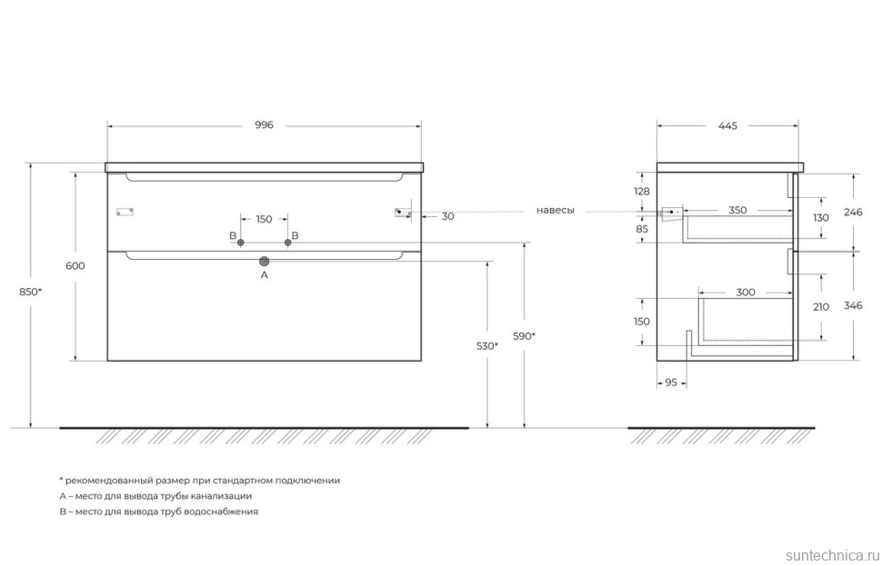 Тумба с раковиной BelBagno Etna 100 2 ящика, bianco lucido