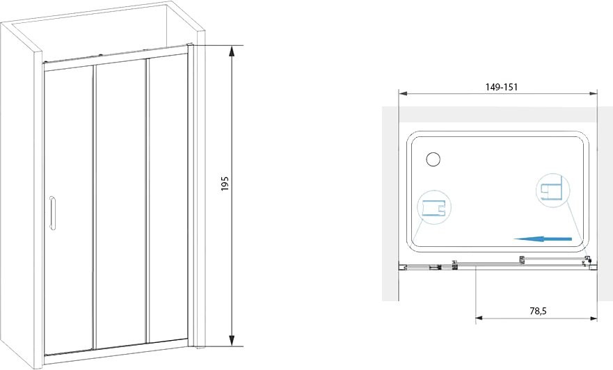 Душевой уголок RGW Passage PA-13+80 см (149-151)x80x195 профиль хром, стекло прозрачное