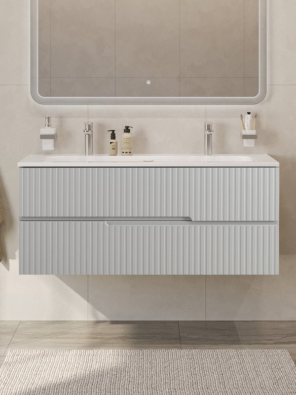 Тумба с раковиной Cezares Duet-n 120 подвесная, 2 ящика, для двоих, жемчужная серая