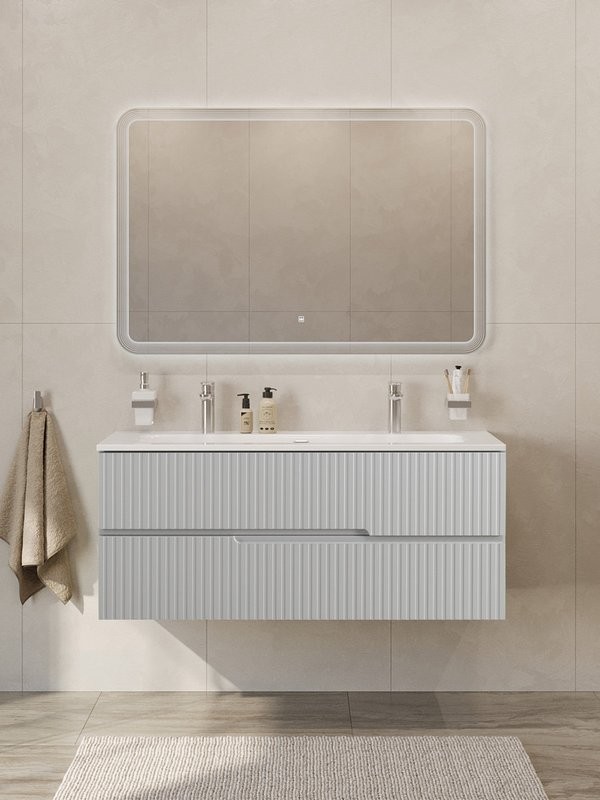 Тумба с раковиной Cezares Duet-n 120 подвесная, 2 ящика, для двоих, жемчужная серая