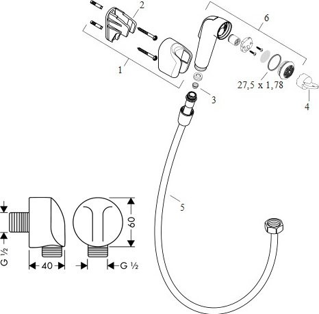 Гигиенический душ Hansgrohe 32127000 со смесителем, С ВНУТРЕННЕЙ ЧАСТЬЮ