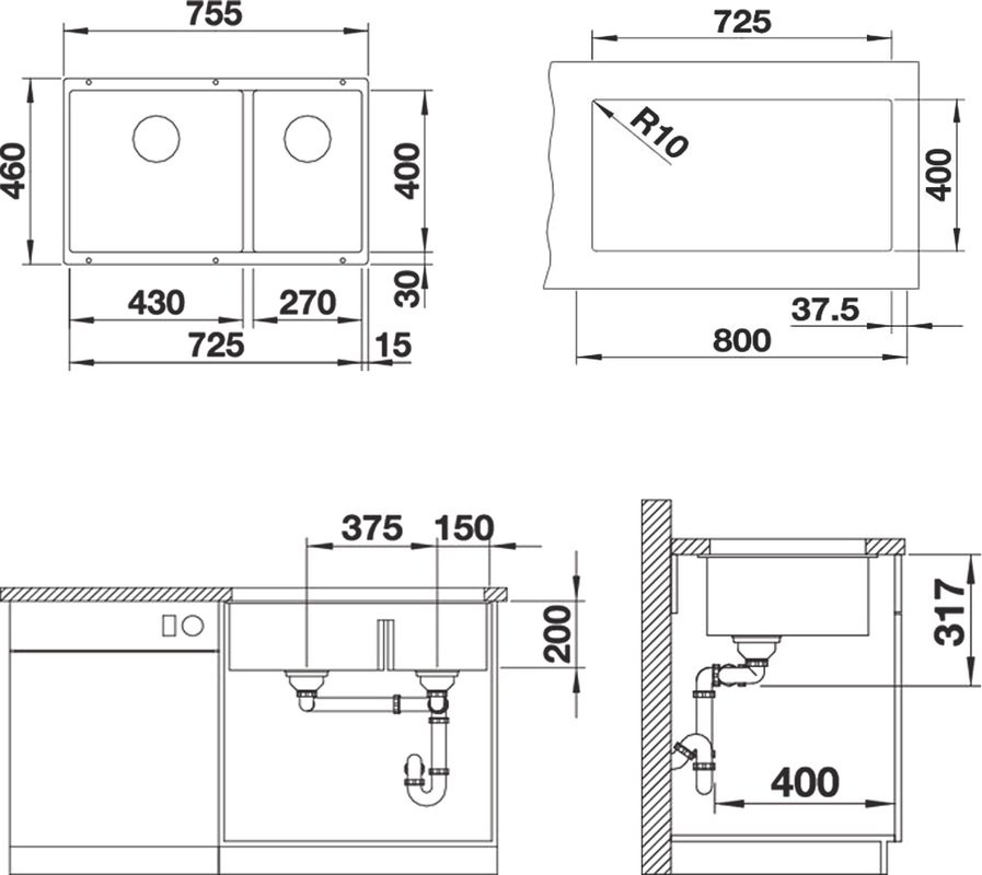 Комплект Мойка Blanco Subline 430/270-U серый беж + Смеситель Candor 523120