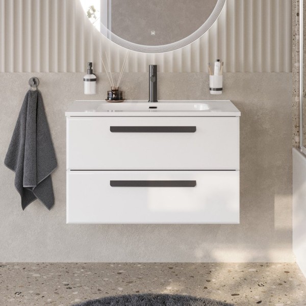 Тумба с раковиной Cezares Eco Cer-N 80 bianco opaco, раковина Duet 80, ручки матовые черные