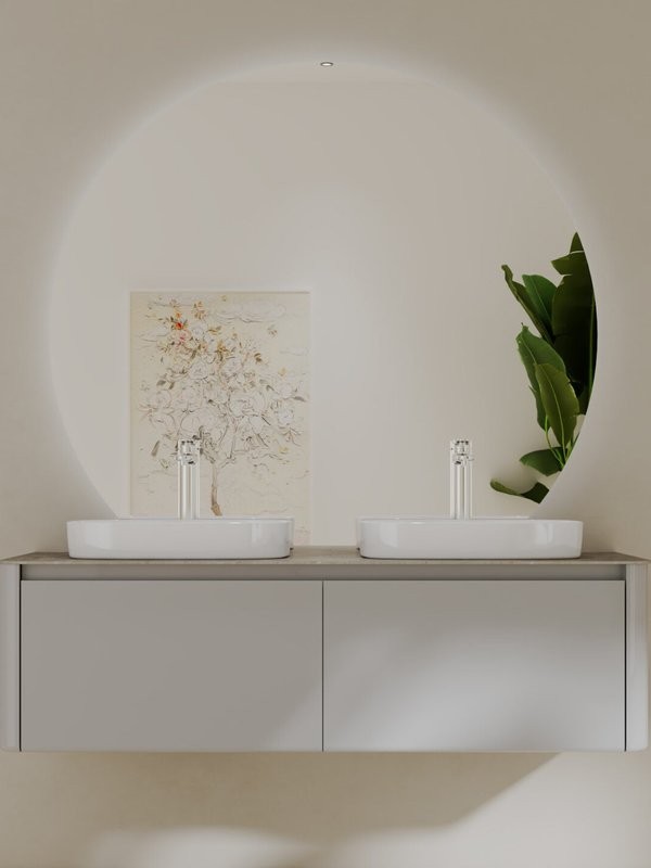 Тумба с раковиной Black&White 140 подвесная, глянцевая серая, две раковины