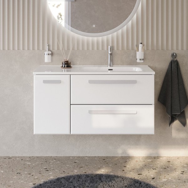 Тумба с раковиной Cezares Eco Cer-N 100 R 2 ящика, 1 дверца, bianco lucido, раковина Duet 100 R, ручки сатин