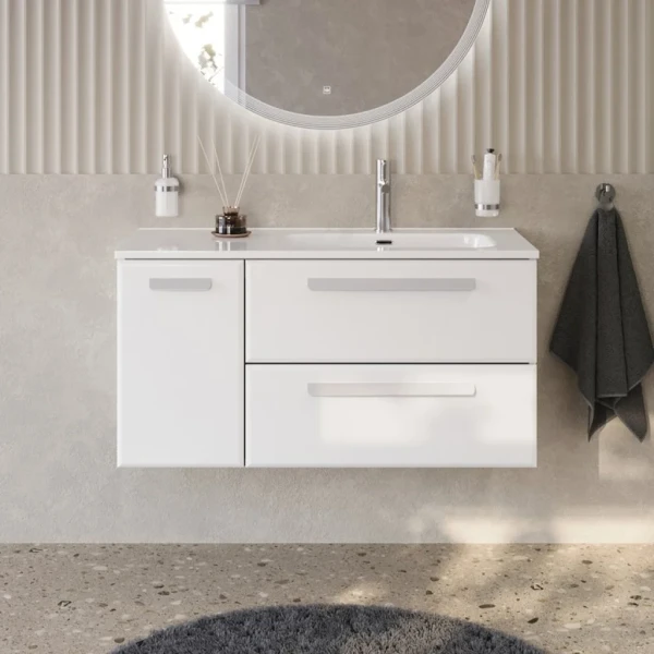 Тумба с раковиной Cezares Eco Cer-N 100 R 2 ящика, 1 дверца, bianco lucido, раковина Duet 100 R, ручки сатин