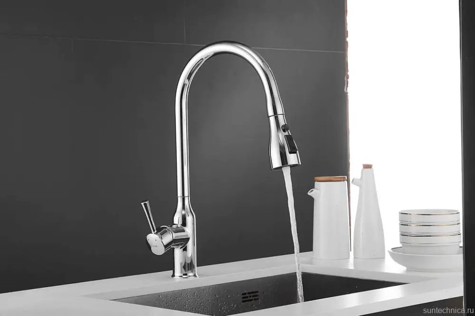 Смеситель для кухни Shevanik S163 с выдвижным изливом, хром