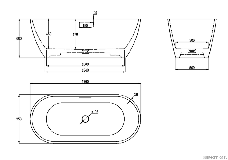 Ванна из искусственного камня AltroBagno Bruna 090202 170x75 см, отдельностоящая, овальная, на ножках, с донным клапаном, с подголовником
