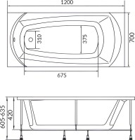 Акриловая ванна 1MarKa Elegance 120x70 см, пристенная, белая, на ножках