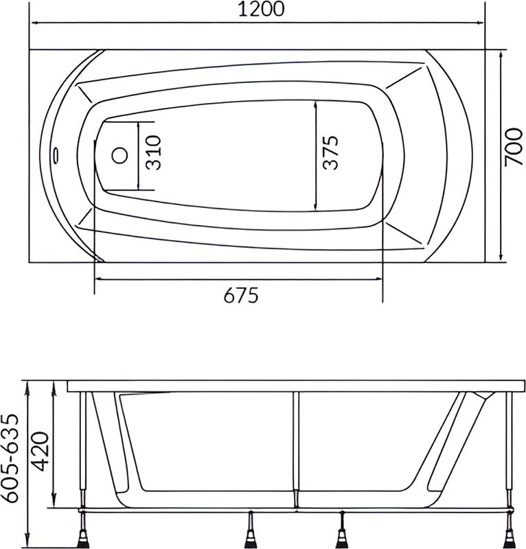 Акриловая ванна 1MarKa Elegance 120x70 см, пристенная, белая, на ножках