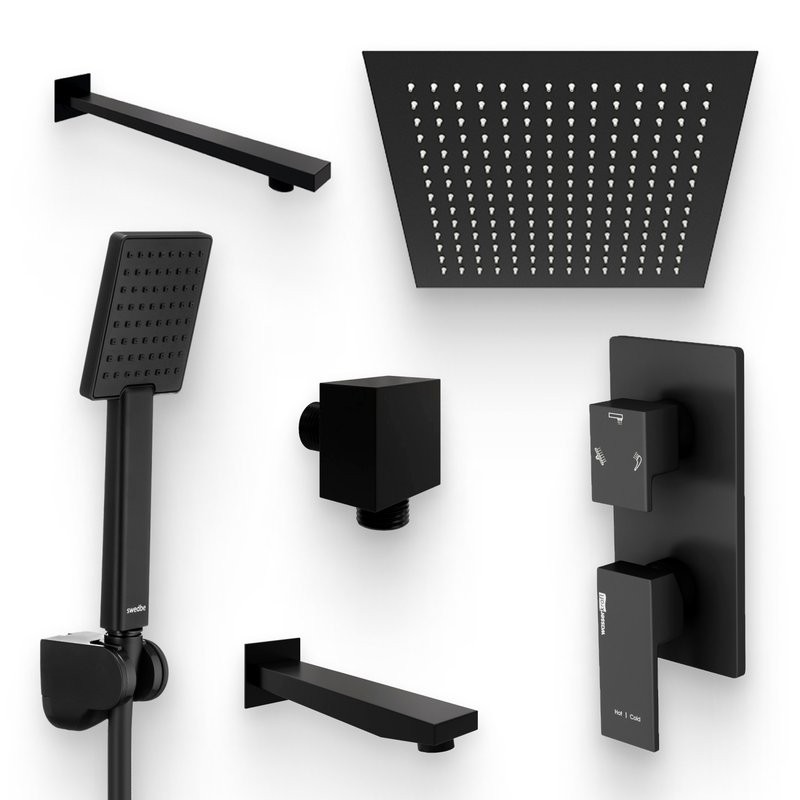 Душевой комплект Смеситель Wasserkraft Abens 2071 С ВНУТРЕННЕЙ ЧАСТЬЮ + Гарнитур Swedbe Hermes 5136B черный матовый + Подключение A221 + Душ A162 + Кронштейн A219 + Излив A220 для ванны