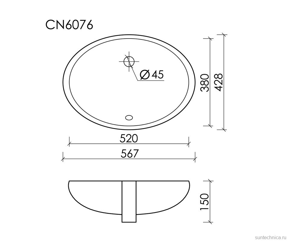 Раковина встраиваемая под столешницу Ceramicanova Element овальная 567x428x150 мм с переливом цвет белый CN6076