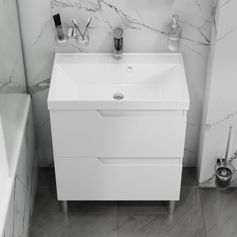 Тумба с раковиной СаНта Антарес 70 напольная, 2 ящика, белый глянец