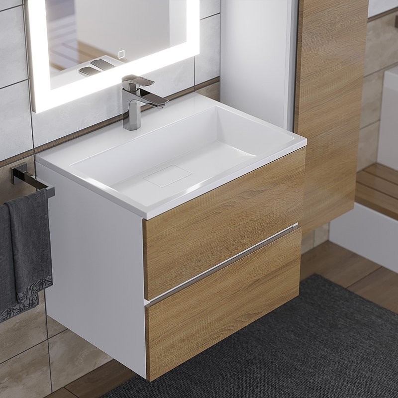 Тумба с раковиной Uperwood Barsa 60 подвесная, белая, дуб сонома