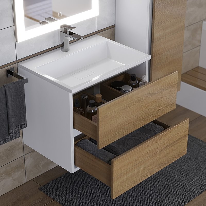 Тумба с раковиной Uperwood Barsa 60 подвесная, белая, дуб сонома