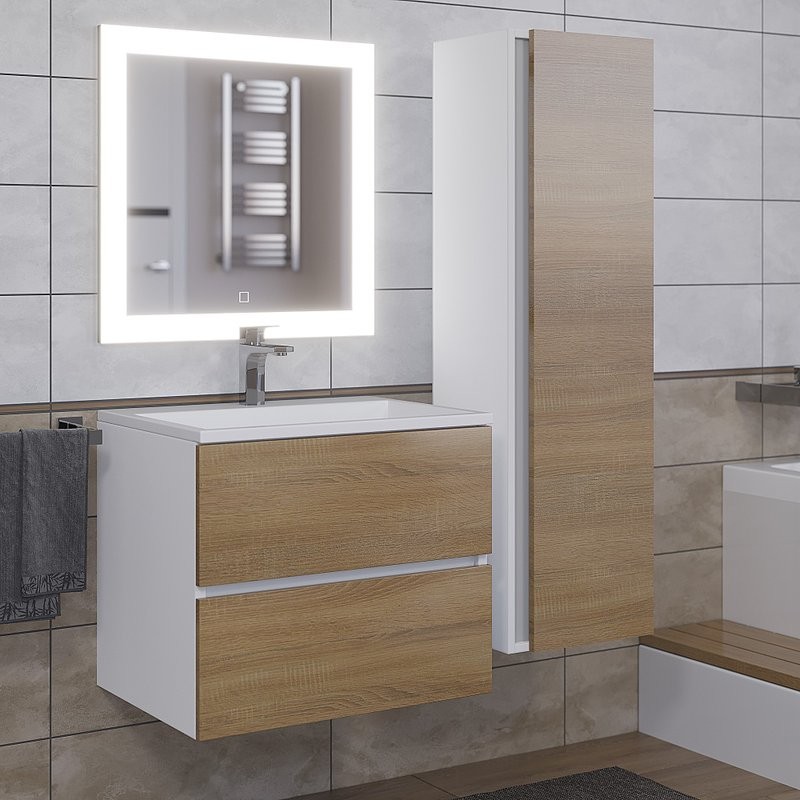 Тумба с раковиной Uperwood Barsa 60 подвесная, белая, дуб сонома