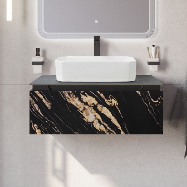 Тумба под раковину со столешницей Cezares Slider 80 подвесная, 1 ящик, черный фьюжн, со столешницей marmo nero opaco