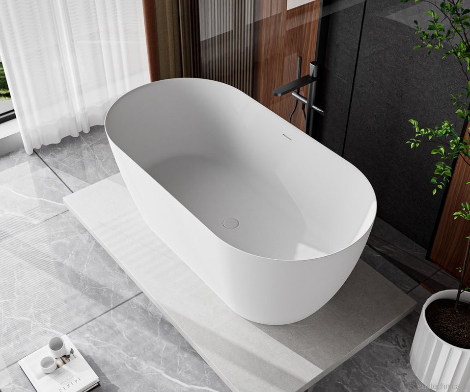Ванна из искусственного камня Cezares Relax Solid Surface 150x75 см, отдельностоящая, матовая белая, овальная, со сливом-переливом, с донным клапаном