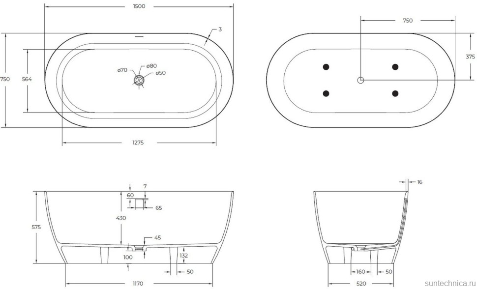 Ванна из искусственного камня Cezares Relax Solid Surface 150x75 см, отдельностоящая, матовая белая, овальная, со сливом-переливом, с донным клапаном