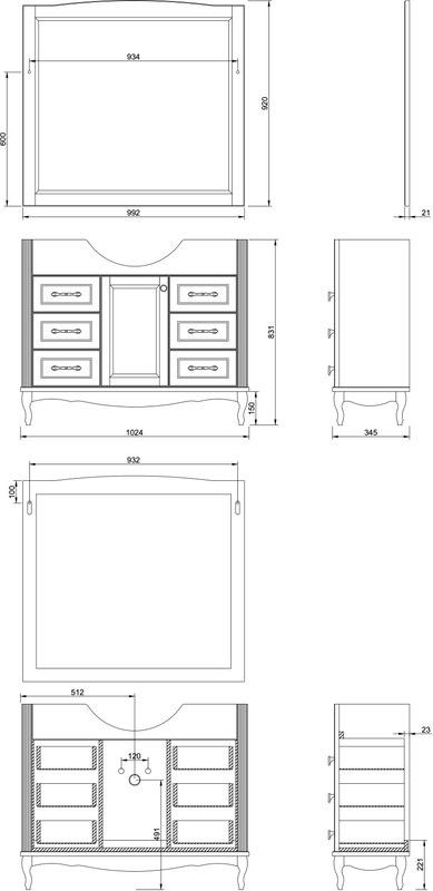 Тумба с раковиной ValenHouse Эллина 105 кальяри, 6 ящиков, 1 дверца, ручки хром