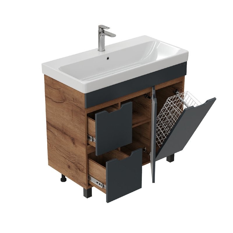 Тумба с раковиной Onika Айленд 90 напольная, графит, дуб крафт золотой